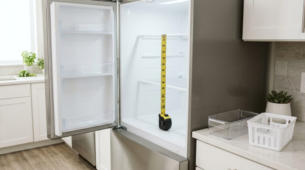 como escolher organizador de geladeira medindo a altura da prateleira com trena