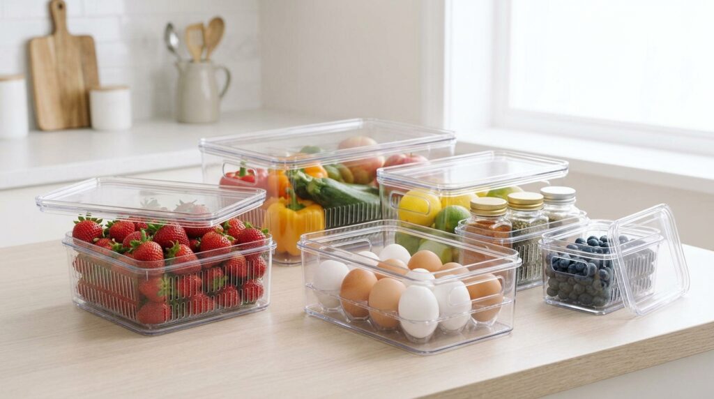 kit de organizador de geladeira com seis caixas transparentes de tamanhos diferentes